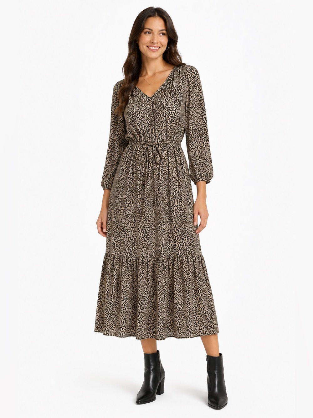 NWT A New Day XL Leopard Print Tie Waist Long Sleeve Tiered Midi Dress